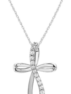 10K White Gold Necklace for Women with Natural Round-Cut Diamond and Twist Cross Pendant, 18" Rope Chain, 925 Sterling Silver Necklace and 18" Cable Chain, 1/4 Carat Total Weight Diamonds & Elegant Gift Box Included