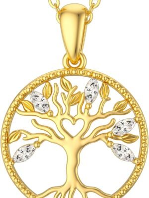 14k Solid Gold Tree of Life Necklace for Women Family Tree Pendant Necklaces for Women Love Heart Tree of Life Jewelry for Women 16"-18"